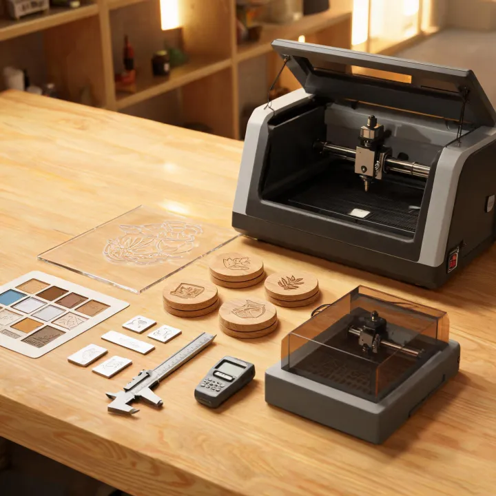 Laser workshop with sample pieces and setup tools
